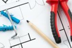 Construction Plan Tools Stock Photo