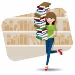 Cartoon Smart Girl Carrying Pile Of Book In Library Stock Photo