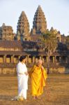 Two Unidentified Buddhist Female Monks Dressed In Orange And Whi Stock Photo