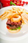 Classic Hamburger Sandwich And Fries Stock Photo