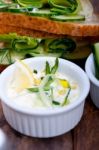 Fresh Vegetarian Sandwich With Garlic Cheese Dip Salad Stock Photo