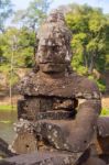 Statue Of Ancient Khmer Warrior Head At Angkor Wat Stock Photo