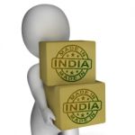 Made In India Stamp On Boxes Shows Indian Products Stock Photo