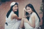 Two Asia Thai High School Student Best Friends Beautiful Girl Smile And Funny Stock Photo