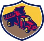 Dump Truck Shield Woodcut Stock Photo