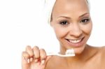 Woman Ready To Brush Her Teeth Stock Photo