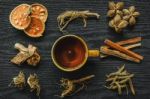 Dried Herbs And Ginseng, Top View Of Thai Herbs And Ginseng On Wooden Floor Stock Photo