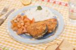 Fried Hake Fish With Rice Stock Photo