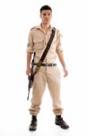 Standing Soldier With Gun Stock Photo