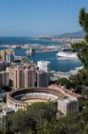 View Of The Harbour Area And Bullring In Malaga Stock Photo