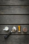 Coffee Equipment With Space On Wood Background Stock Photo