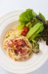 Carbonara Pasta In Ceramic Dish Stock Photo