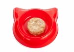 Cat Wet Food In A Red Bowl Isolated On White Stock Photo