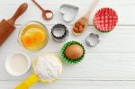 Baking Ingredients On Wooden Table Stock Photo