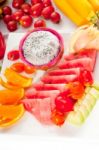 Mixed Plate Of Fresh Sliced Fruits Stock Photo