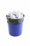 Blue Plastic Trash And Paper In Garbage Bag On White Background Stock Photo