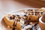 Belgian Waffles With Fruit And Chocolate, Forest Fruit, All Home Stock Photo