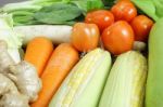 Fresh Vegetables Arrange On The Wood Table Stock Photo