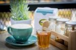 Coffee And Tea Cup On The Table In A Coffee Shop Stock Photo