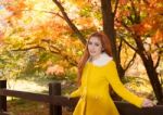 Young Woman With Autumn Leaves In Maple Garden Stock Photo