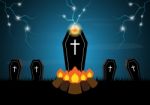 Halloween Coffin Bornfire Thunderbolt  Stock Photo