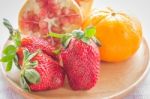 Easy Meal Mix Fruit On Wooden Plate Stock Photo