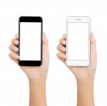 Women Hold Phone Showing Blank Screen Display On White Backgroun Stock Photo