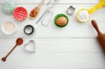 Baking Ingredients On White Wood Background Stock Photo