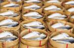 Steamed Fish, Plaa Tuu (mackerel) In Bamboo Steamers At The Seaf Stock Photo