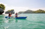 Mother And Daughter On Kayak Stock Photo