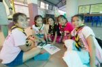 Student 9-10 Years Old, Scouts Work Together, Scout Camp In Bangkok Thailand Stock Photo