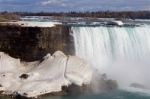 Interesting Snow On The Rocks Of The Niafara Falls Stock Photo