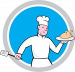 Chef With Chicken Spatula Circle Cartoon Stock Photo