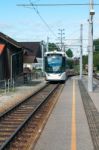 Tram Approaching The Station At St Georgen Im Attergau Stock Photo