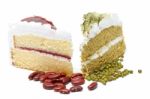 Green Tea Cake With Strawberry Cake. White Background Stock Photo