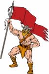 Viking Warrior Brandishing Red Flag Retro Stock Photo