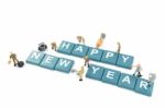 Miniature Worker Team Building Word Happy New Year Stock Photo