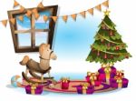 Cartoon  Illustration Interior Christmas Room With Separated Layers Stock Photo