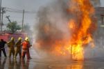 Fireman. Firefighters Fighting Fire During Training Stock Photo