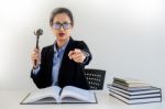 Young Business Woman Raising Her Hand Showing Bidding Gesture Wi Stock Photo