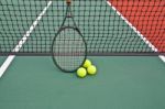 Tennis Court With Ball And Racket Stock Photo