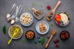 Ingredients For The Healthy Foods Background Mixed Nuts, Honey, Stock Photo