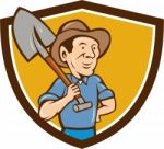 Farmer Shovel Shoulder Crest Cartoon Stock Photo