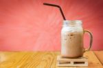 Close Up Iced Coffee On Wood Table Stock Photo