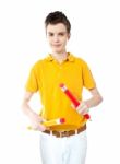 Young Kid Holding Two Big Colorful Pencils Stock Photo