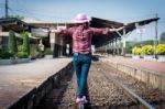 Tourists Woman Are Enjoying The Train Station Stock Photo