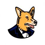 Pembroke Welsh Corgi Wearing Tuxedo Woodcut Color Stock Photo