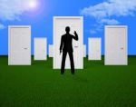 Doors Choice Shows Man Doorways And Direction Stock Photo