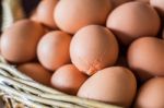 Eggs Break In Wicker Basket Stock Photo