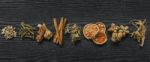 Dried Herbs And Ginseng, Top View Of Thai Herbs And Ginseng On Wooden Floor Stock Photo